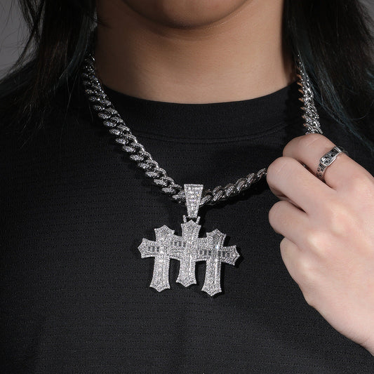 Hip-hop diamond-encrusted zircon three-cross Cuban necklace