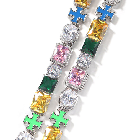 Hip-hop necklace with colorful zircon inlays and a square cross
