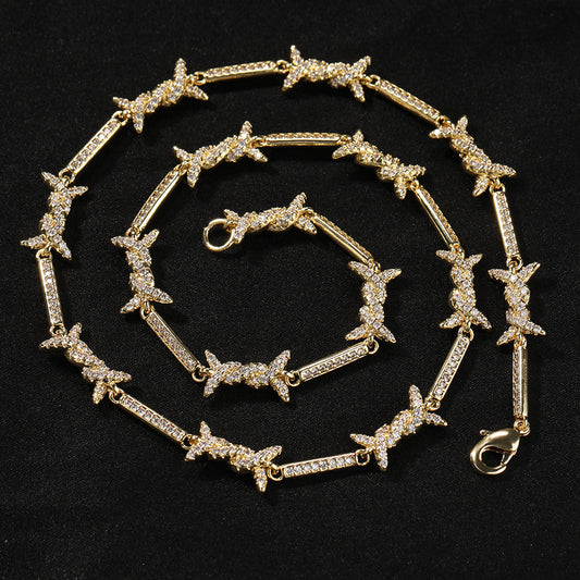 Hiphop zircon-encrusted barbed wire necklace