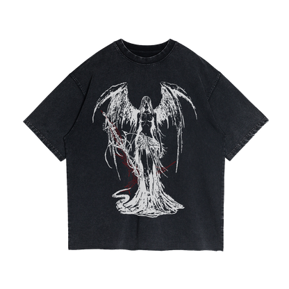 Fallen Angel Garment Dyed Streetwear Tee 260GSM Black Cotton With Faded Raw Hem