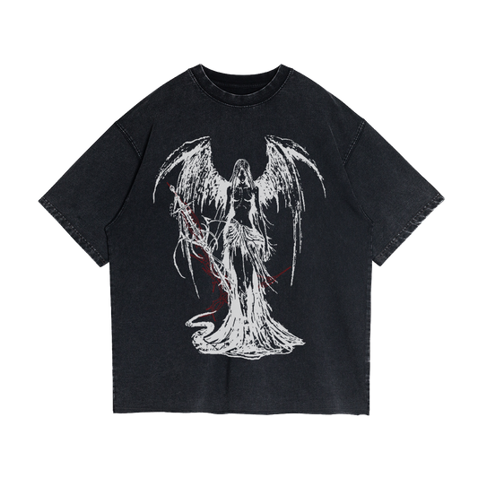 Fallen Angel Garment Dyed Streetwear Tee 260GSM Black Cotton With Faded Raw Hem