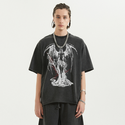 Fallen Angel Garment Dyed Streetwear Tee 260GSM Black Cotton With Faded Raw Hem