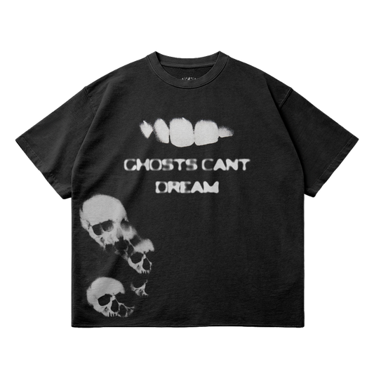Ghosts Cant Dream Garment Dyed Streetwear Tee 260GSM Black Cotton With Faded Raw Hem