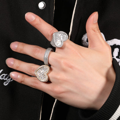 Hip-hop T-square heart-shaped zircon ring