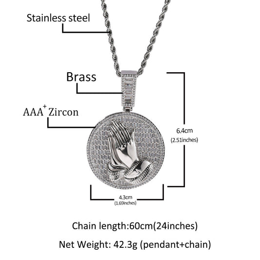 Hip-hop round disc zircon-encrusted praying hands pendant