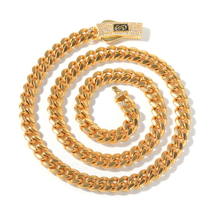Hip-hop diamond-encrusted clasp smooth Cuban chain