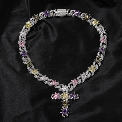 Colorful zircon ice flower cross necklace