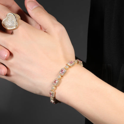 Copper inlaid pink zircon hip-hop bracelet