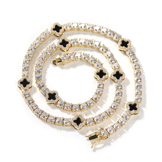 Hip-hop four-leaf clover diamond tennis chain necklace bracelet