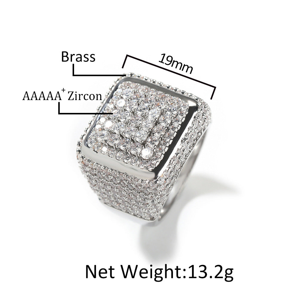 Hip-hop large square ring with zircon