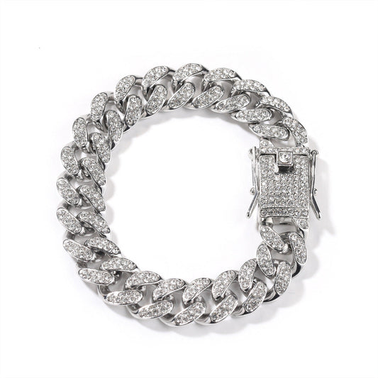 Hip-Hop 12mm Diamond-Encrusted Cuban Chain Bracelet